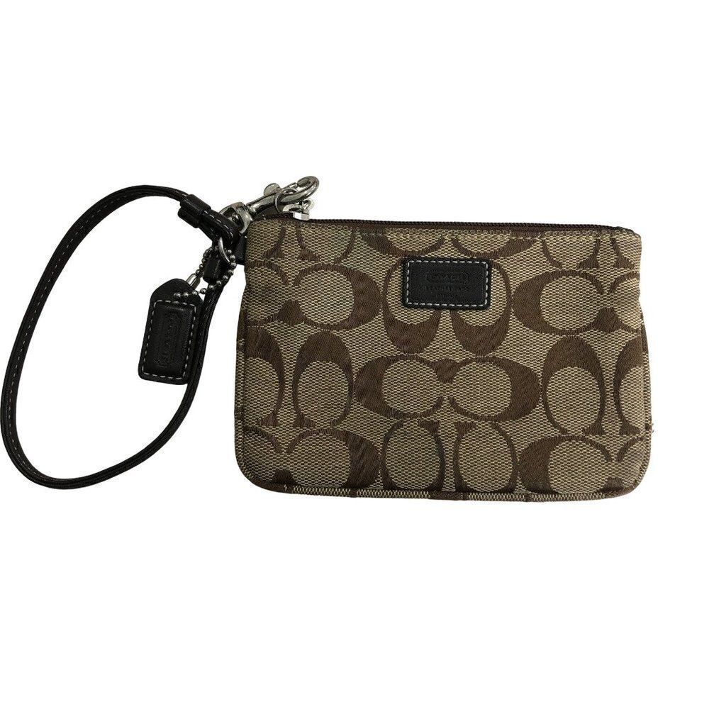 Coach Wristlet Clutch Brown Tan Canvas Signature Kissing C